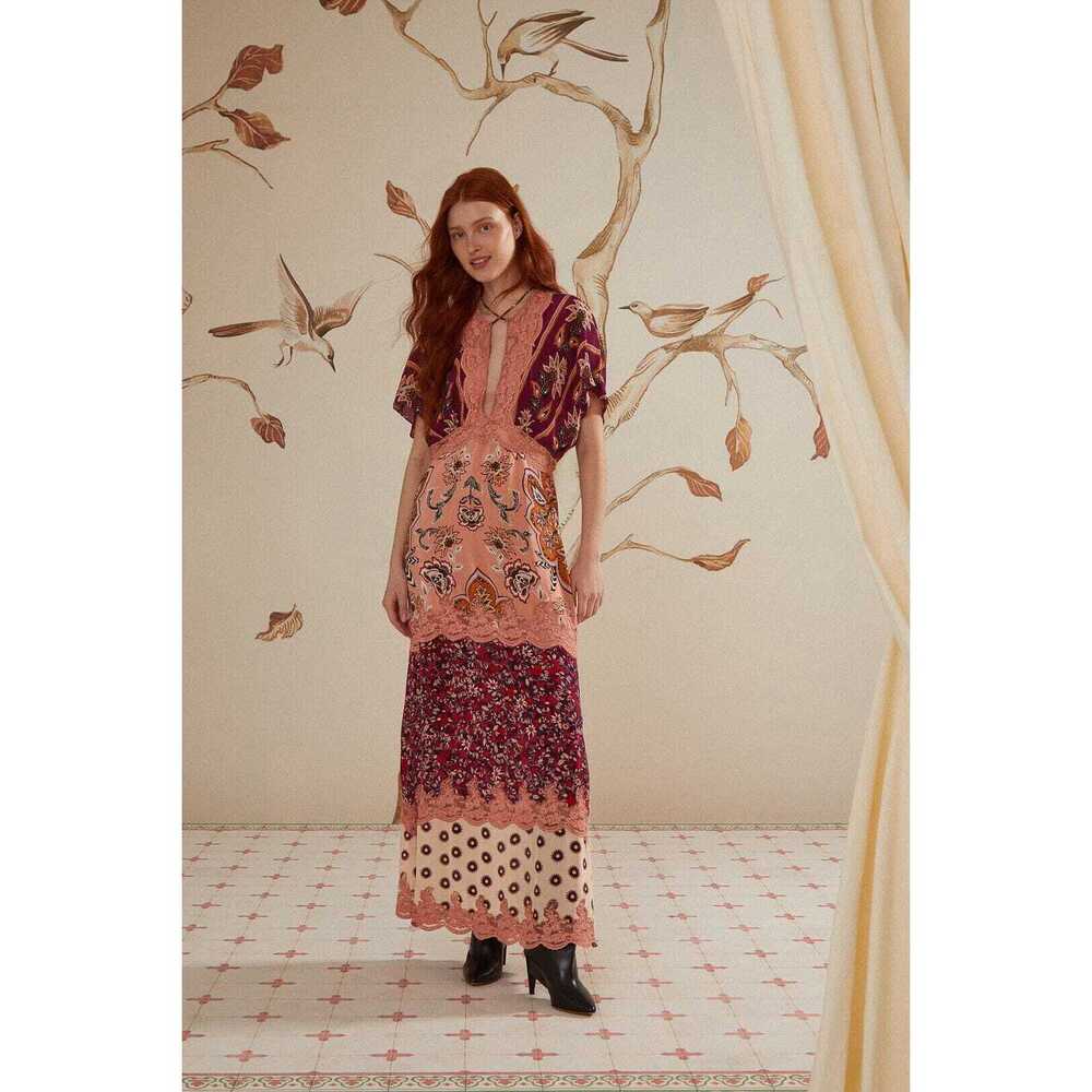 Farm Rio Glam Tapestry Burgundy Laces Short Sleeve Maxi Dress